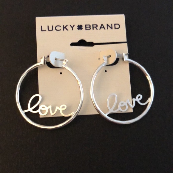 Lucky Brand Silver Tone Hoop Earrings Love In Cursive Script NWT - Picture 2 of 10